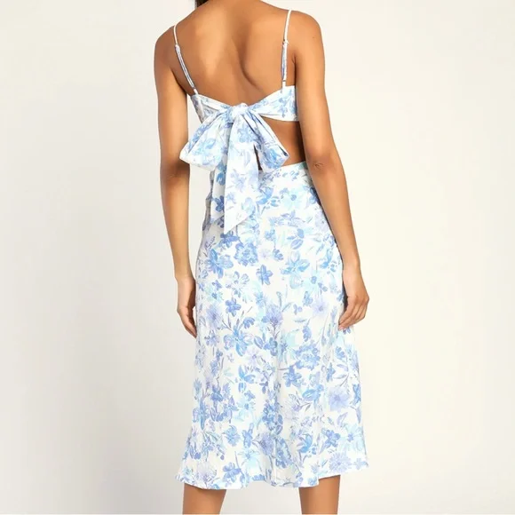 Lulus Serene Views Blue and White Floral Print Cutout Midi Dress Size Large - Picture 2 of 13